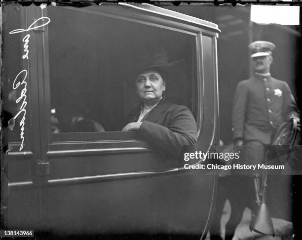 Jane Addams, sitting in an automobile in Chicago, Illinois, Chicago, Illinois, July 22, 1915.