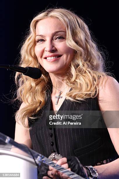 Madonna attends the Bridgestone Super Bowl XLVI Halftime Show Press Conference at the Super Bowl XLVI Media Center on February 2, 2012 in...
