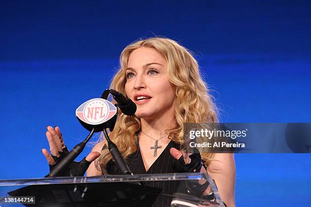 Madonna attends the Bridgestone Super Bowl XLVI Halftime Show Press Conference at the Super Bowl XLVI Media Center on February 2, 2012 in...