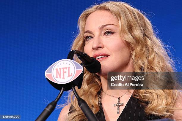 Madonna attends the Bridgestone Super Bowl XLVI Halftime Show Press Conference at the Super Bowl XLVI Media Center on February 2, 2012 in...