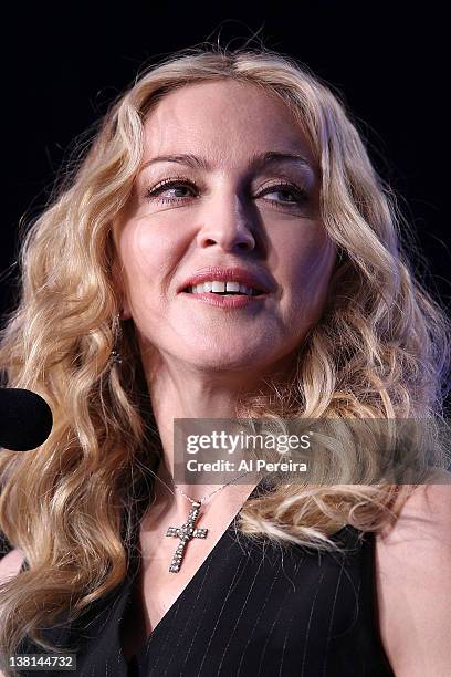 Madonna attends the Bridgestone Super Bowl XLVI Halftime Show Press Conference at the Super Bowl XLVI Media Center on February 2, 2012 in...