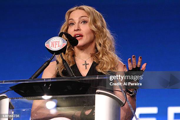 Madonna attends the Bridgestone Super Bowl XLVI Halftime Show Press Conference at the Super Bowl XLVI Media Center on February 2, 2012 in...