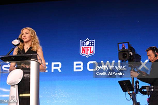 Madonna attends the Bridgestone Super Bowl XLVI Halftime Show Press Conference at the Super Bowl XLVI Media Center on February 2, 2012 in...