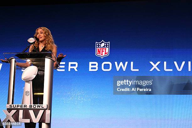 Madonna attends the Bridgestone Super Bowl XLVI Halftime Show Press Conference at the Super Bowl XLVI Media Center on February 2, 2012 in...