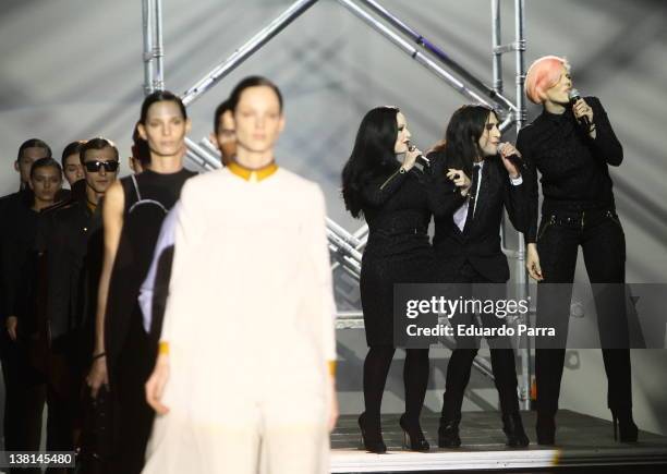 Alaska, Mario Vaquerizo and Bimba Bose sing at the runway in the Davidelfin fashion show during the Mercedes-Benz Fashion Week Madrid Autumn/Winter...