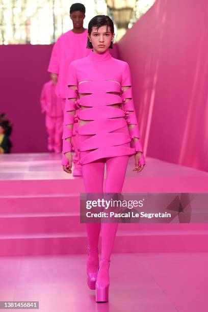 Model walks the runway during the Valentino Womenswear Fall/Winter 2022-2023 show as part of Paris Fashion Week on March 06, 2022 in Paris, France.