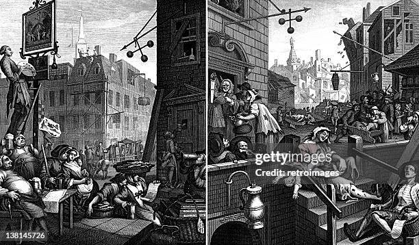 beer street and gin lane, georgian illustrations by william hogarth - alley stock illustrations