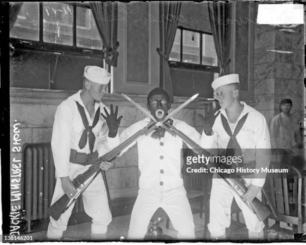 Naval apprentices giving a minstrel show at Great Lakes Naval Training Station, text on the image reads: Jackie Minstrel Show, Chicago, Illinois,...