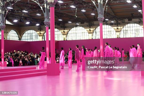 Models pose on the runway during the Valentino Womenswear Fall/Winter 2022-2023 show as part of Paris Fashion Week on March 06, 2022 in Paris, France.