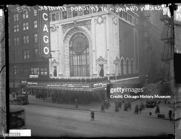 Chicago Theater at 171-175 North State Street while 'Broken Chains' is playing, Chicago, Illinois, 1923.