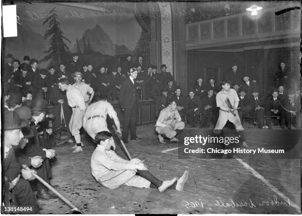 Indoor ball game, All Chicago-Illinois Central, batter at home plate, Chicago, Illinois, 1905.