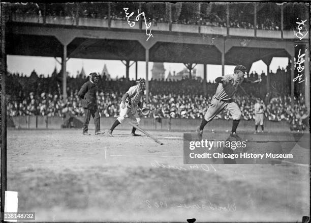 Detroit Tigers baseball player Ty Cobb, running from home plate towards first base at West Side Grounds, during a World Series game, Chicago,...