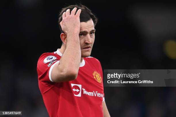 Harry Maguire of Manchester United reacts after Riyad Mahrez of Manchester City scores their sides third goal during the Premier League match between...