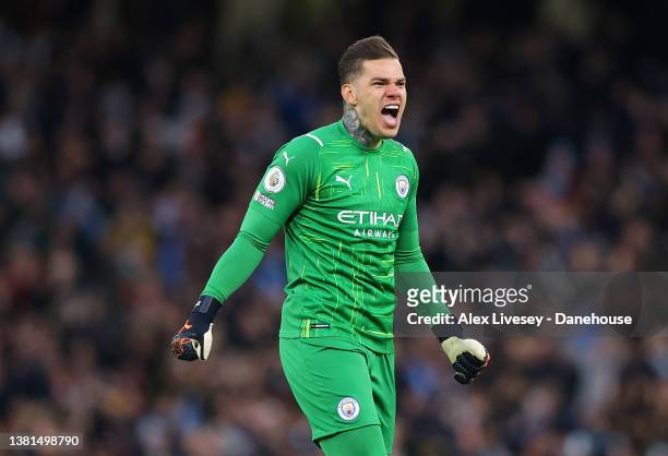 Ederson of Manchester City celebrates after their third goal during the Premier League match between Manchester City and Manchester United at Etihad...