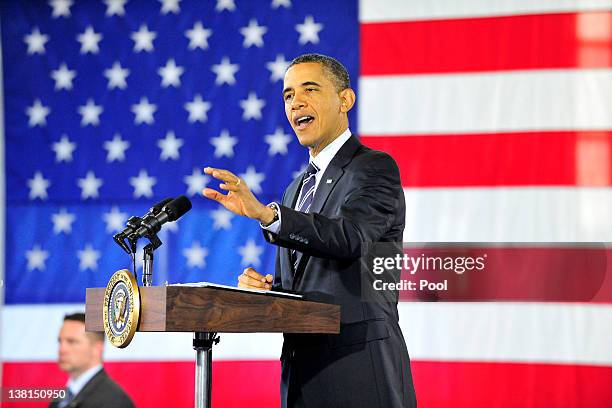 President Barack Obama makes remarks on the economy at Fire Station February 3, 2012 in Arlington, Virginia. Obama touted the news released this...