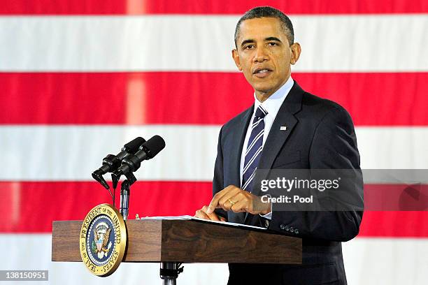 President Barack Obama makes remarks on the economy at Fire Station February 3, 2012 in Arlington, Virginia. Obama touted the news released this...