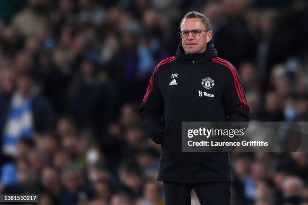 Ralf Rangnick, Manager of Manchester United looks on during the Premier League match between Manchester City and Manchester United at Etihad Stadium...