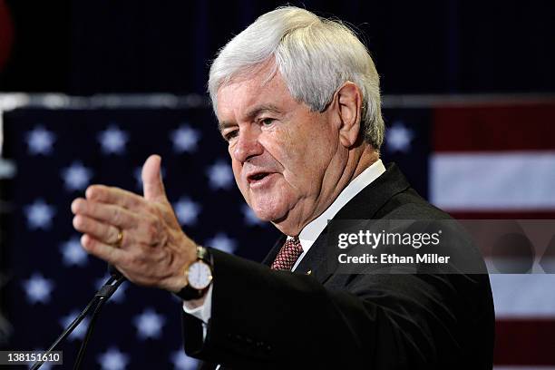 Republican presidential candidate and former Speaker of the House Newt Gingrich speaks during a campaign rally at Stoney's Rockin' Country February...
