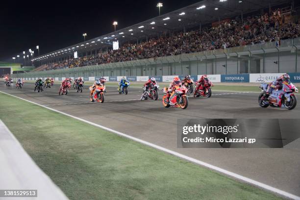 The MotoGP riders start from the grid during the MotoGP race during the MotoGP of Qatar at Losail Circuit on March 06, 2022 in Doha, Qatar.