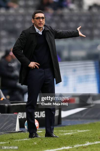 Tayfun Korkut, Head Coach of Hertha Berlin reacts during the Bundesliga match between Hertha BSC and Eintracht Frankfurt at Olympiastadion on March...