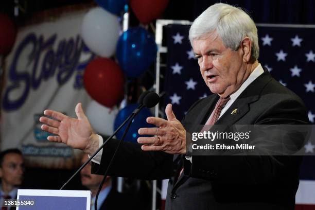 Republican presidential candidate and former Speaker of the House Newt Gingrich speaks during a campaign rally at Stoney's Rockin' Country February...