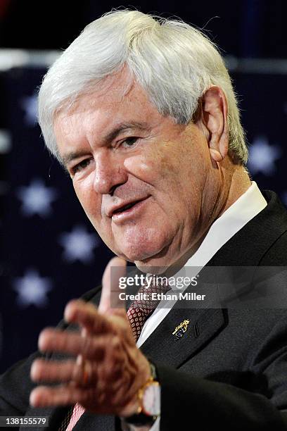 Republican presidential candidate and former Speaker of the House Newt Gingrich speaks during a campaign rally at Stoney's Rockin' Country February...