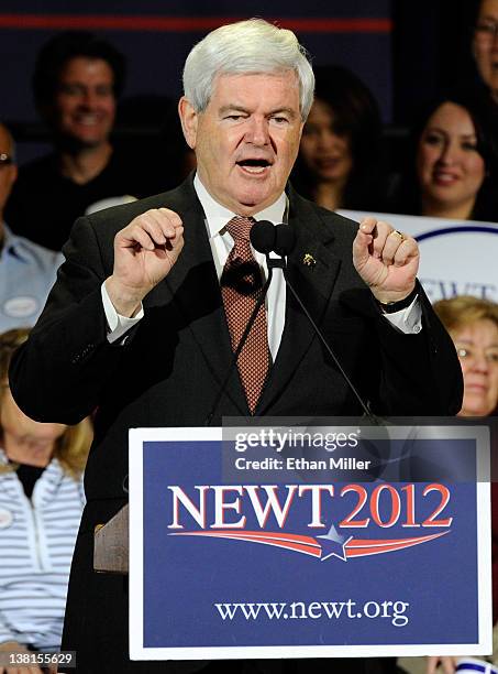 Republican presidential candidate and former Speaker of the House Newt Gingrich speaks during a campaign rally at Stoney's Rockin' Country February...