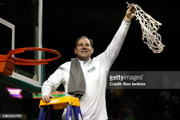 Head coach Scott Drew of the Baylor Bears celebrates the team's 75-68 win over the Iowa State Cyclones at the Ferrell Center on March 5, 2022 in...