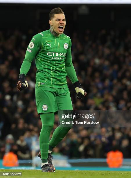 Ederson of Manchester City celebrates during the Premier League match between Manchester City and Manchester United at Etihad Stadium on March 06,...