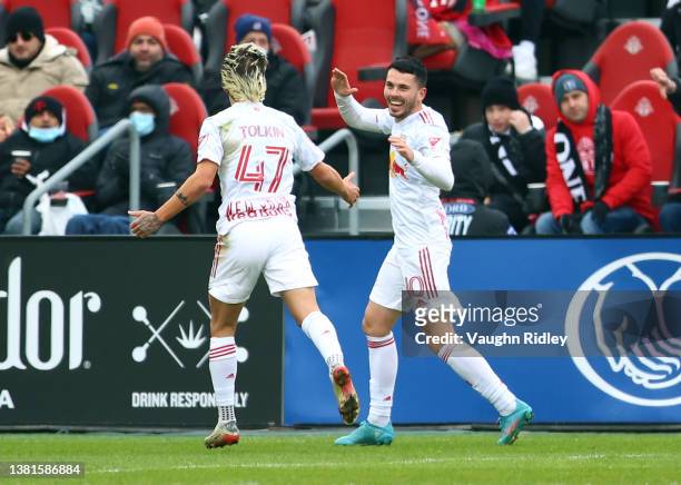 Lewis Morgan of New York Red Bulls celebrates his second goal during the first half of an MLS game against Toronto FC at BMO Field on March 05, 2022...