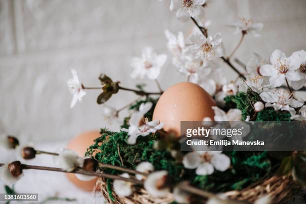 easter egg decorated with spring flowers - easter eggs basket stock-fotos und bilder