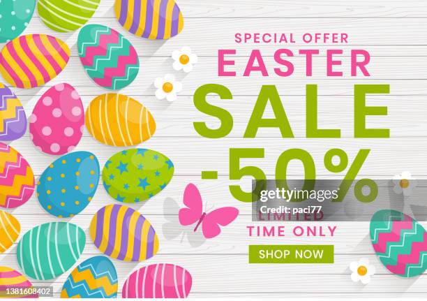 bildbanksillustrationer, clip art samt tecknat material och ikoner med easter sale with coloured eggs stock illustration - shopping easter