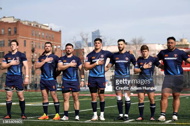 Rugby New York players line up for the national anthem before the game against the New England Free Jacks at JFK Stadium on March 06, 2022 in...