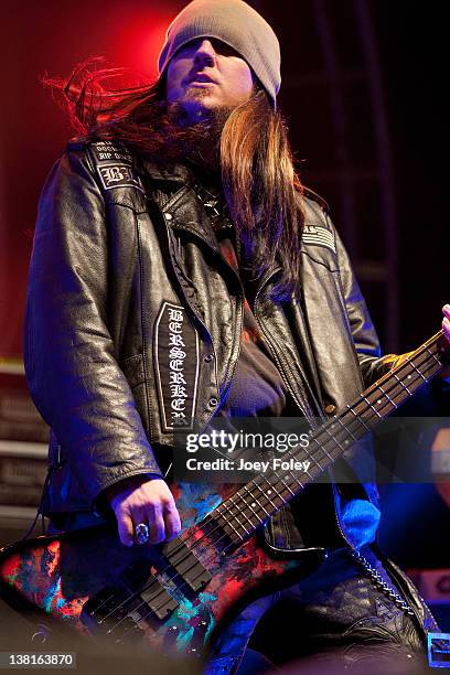 Bassist Dirty Ray of The Bret Michaels Band performs onstage during day 1 of the Super Bowl Village on January 27, 2012 in Indianapolis, Indiana.