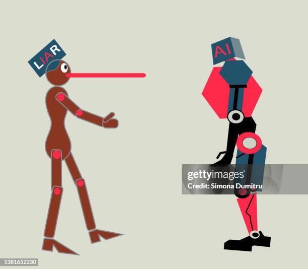 illustration of the birth of ai starting with pinochio  as a liar and then building a roobot, - true or false stock pictures, royalty-free photos & images