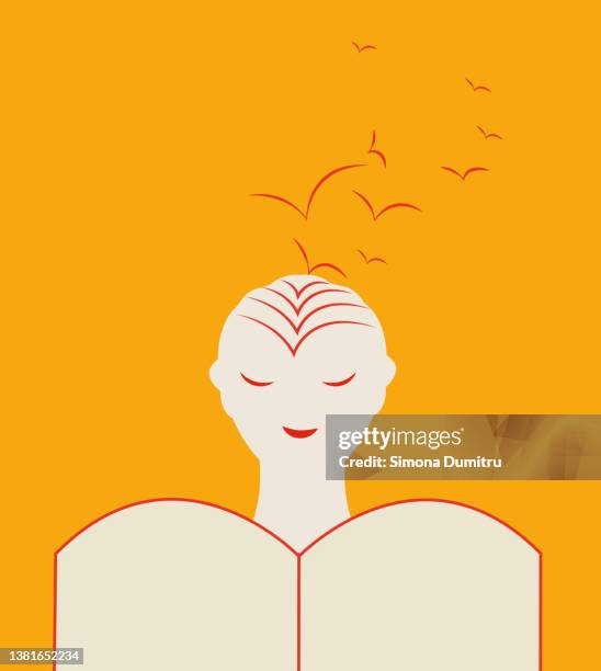 illustration of a boy with hairstyle as birds flying from his head reading a book - flying reading stock-fotos und bilder