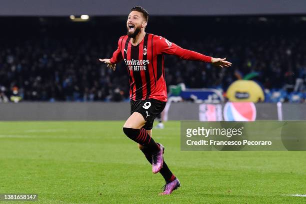 Olivier Giroud of AC Milan celebrates after scoring their sides first goal during the Serie A match between SSC Napoli and AC Milan at Stadio Diego...