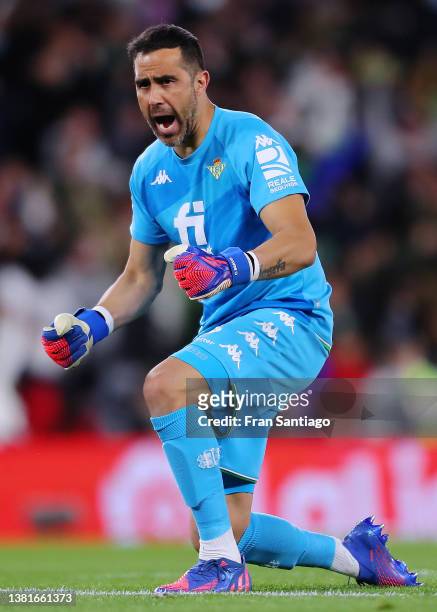 Claudio Bravo of Real Betis celebrates after Cristian Tello scores their sides first goal during the LaLiga Santander match between Real Betis and...