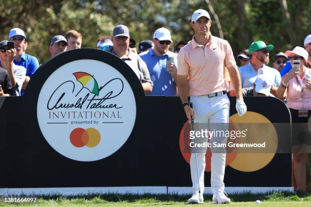 Rory McIlroy of Northern Ireland prepares to play his shot from the seventh tee during the final round of the Arnold Palmer Invitational presented by...