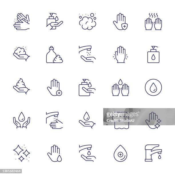 handwaschen bearbeitbare konturliniensymbole - seifenspender stock-grafiken, -clipart, -cartoons und -symbole