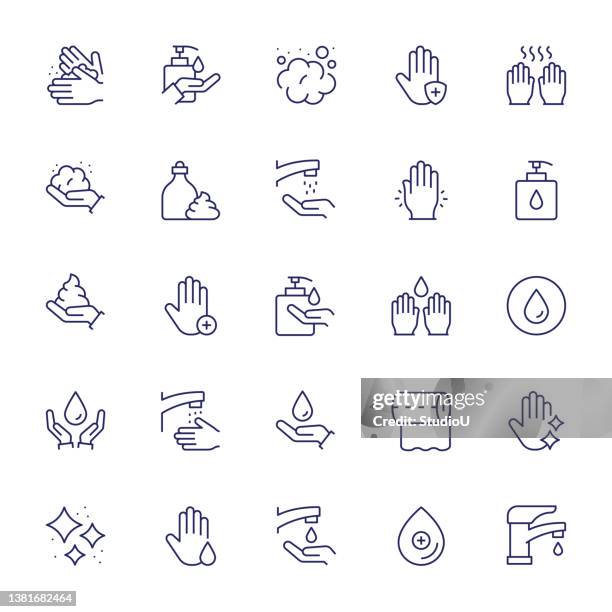 ilustraciones, imágenes clip art, dibujos animados e iconos de stock de lavado de manos iconos de línea de trazo editable - washing hands