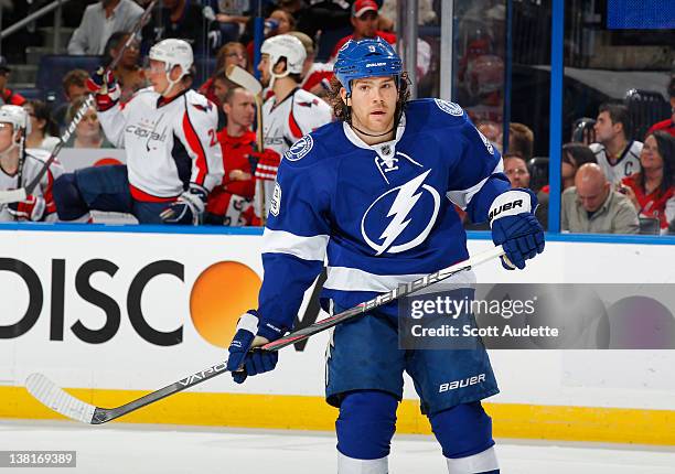 Steve Downie of the Tampa Bay Lightning skates during a break in the action against the Washington Capitals at the Tampa Bay Times Forum on January...