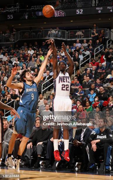 Anthony Morrow of the New Jersey Nets takes a jump shot against Ricky Rubio of the Minnesota Timberwolves during the game on February 3, 2012 at the...