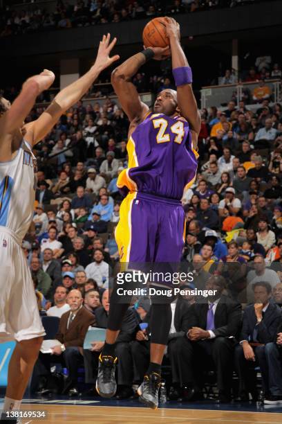 Kobe Bryant of the Los Angeles Lakers takes a shot against the Denver Nuggets at the Pepsi Center on February 3, 2012 in Denver, Colorado. NOTE TO...