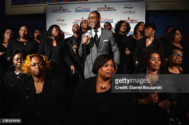 Pastor Charles Jenkins and the Fellowship pose for a picture Super Bowl Gospel Celebration 2012 at Clowes Memorial Hall of Butler University on...