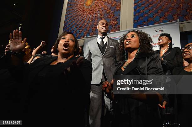 Pastor Charles Jenkins and the Fellowship pose for a picture Super Bowl Gospel Celebration 2012 at Clowes Memorial Hall of Butler University on...