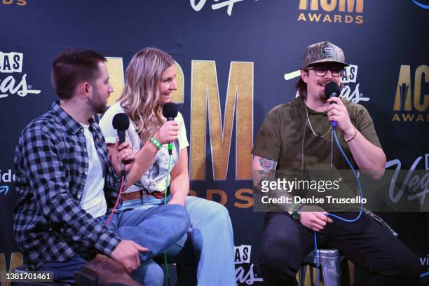 Jeff Kurkjian, Aimee Thomas, and HARDY attend Day 2 of the 57th Academy Of Country Music Awards Radio Row at Park MGM on March 06, 2022 in Las Vegas,...