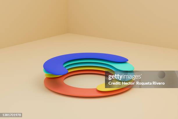 statistics bars of blue, red, yellow and green colors with a circle shape on an orange background, 3d render - 3d data bars stock-fotos und bilder