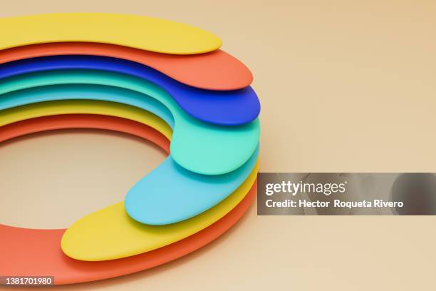 statistics bars of blue, red, yellow and green colors with a circle shape on an orange background, 3d render - advertising concept photos et images de collection