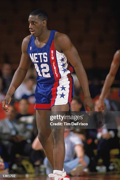 Anthony Mason of the New Jersey Nets walks on the court during the NBA game against the Los Angeles Lakers at the Great Western Forum in Los Angeles,...